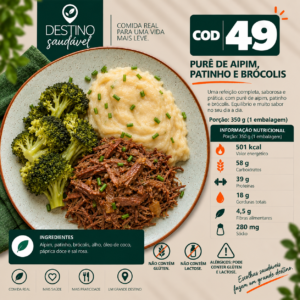 Cod 49-Purê de Aipim, Carne de Panela e Brócolis (350g)